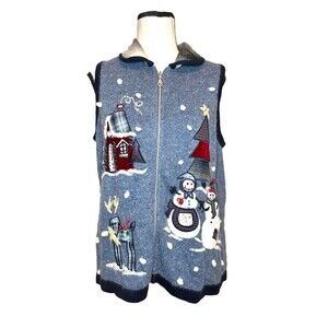 Victoria Jones Women Snowman Sweater Vest Holiday‎ Christmas Full Zip Collar S